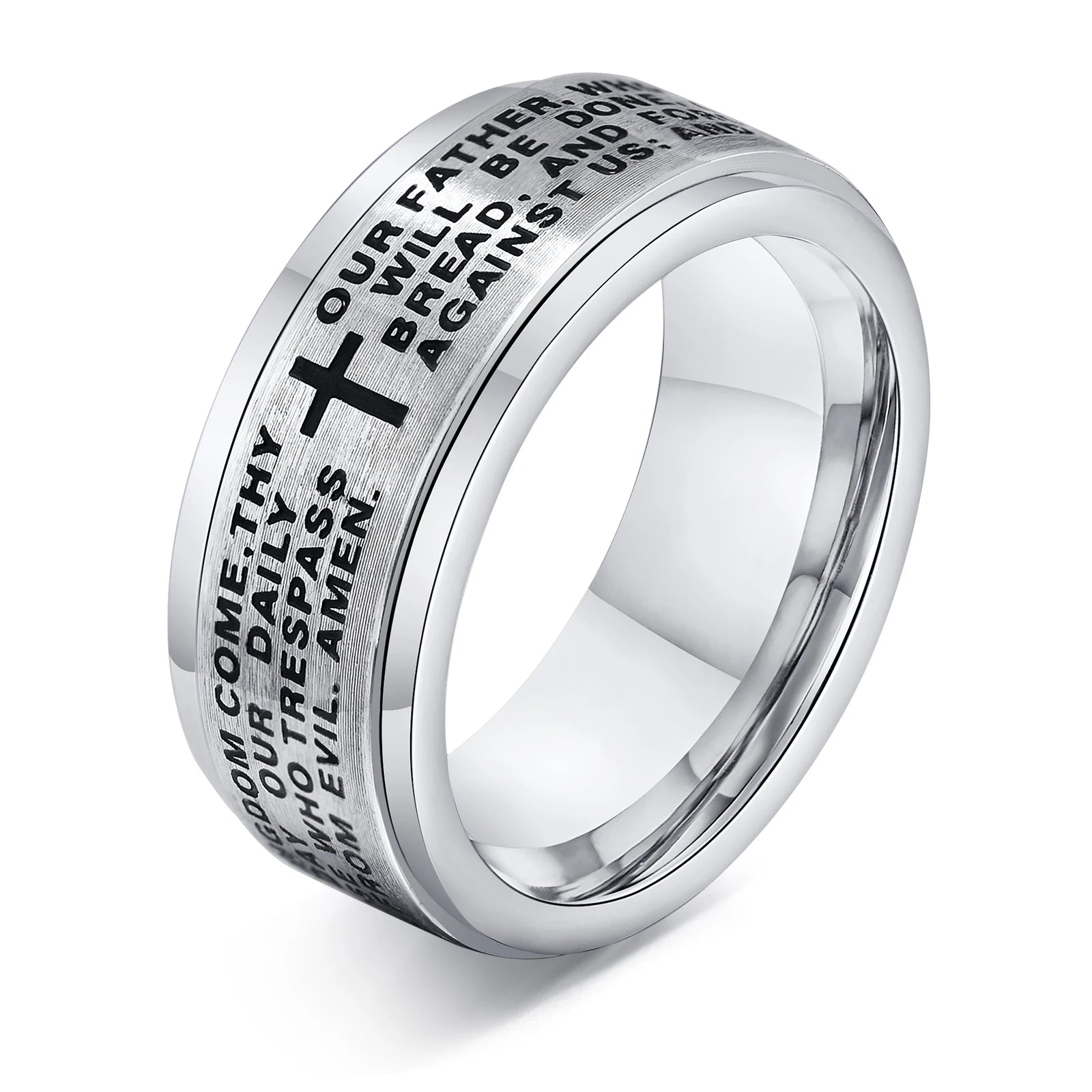 Stainless steel Vnox 8mm spinner cross ring for men with a prayer band design, featuring a detailed cross motif.