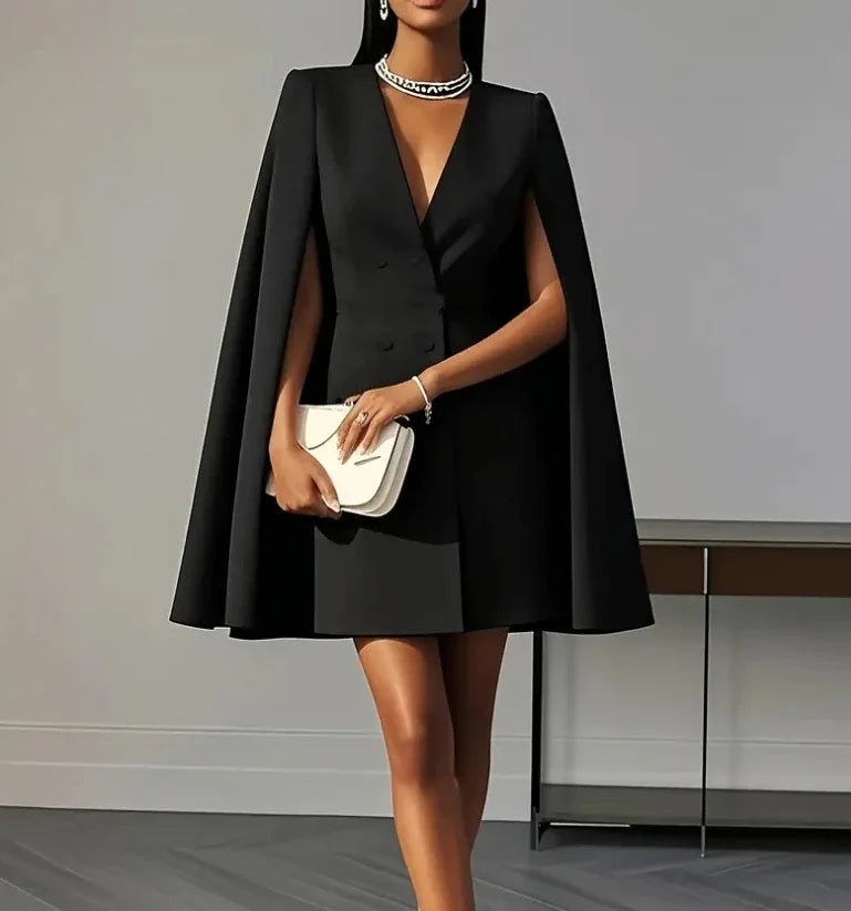 Women's V-neck double-breasted shawl cape mini dress in solid color, stylish and elegant from Showlu Fashion Store.
