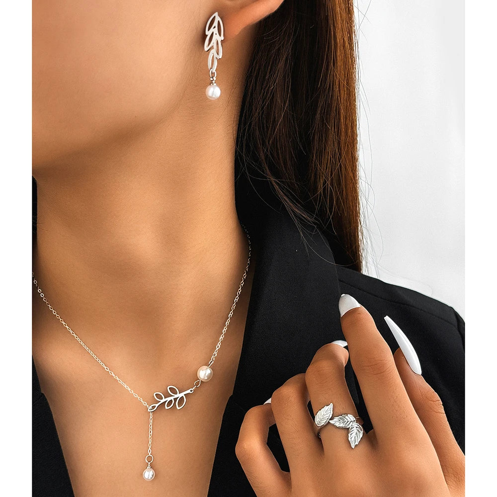Stainless steel jewelry set with leaf pearl earrings, pearl necklace, and adjustable leaf ring for women, new stylish design