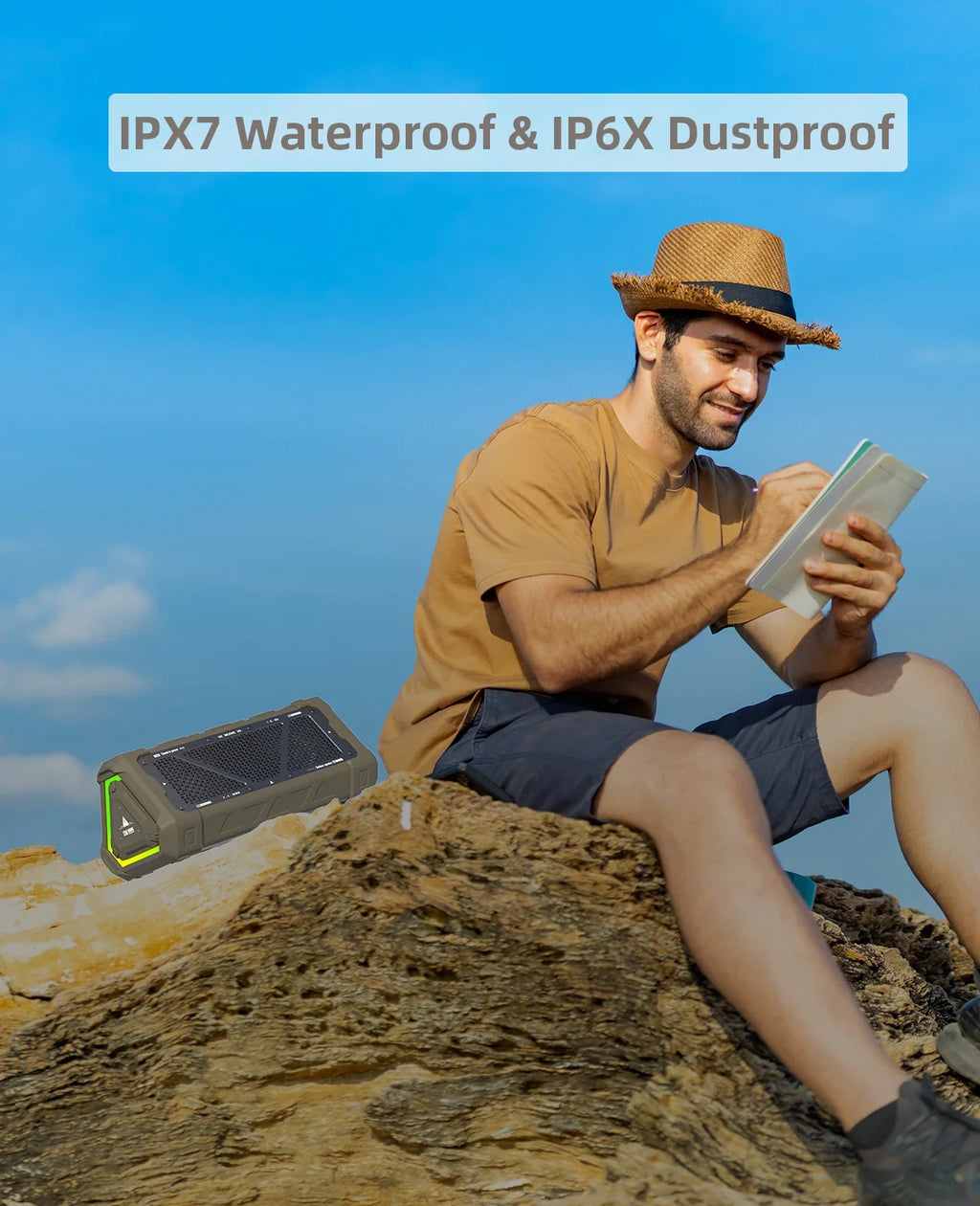 SHOWLU FASHION STORE MLOVE P3 outdoor Bluetooth speaker with 40W stereo sound and IPX7 waterproof design, shown outdoors in the image.