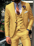 SHOWLU dark blue 3-piece slim fit men's suit with cotton tuxedo fabric, suitable for weddings and formal occasions.