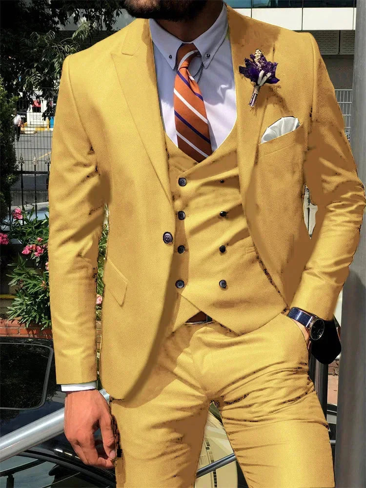 SHOWLU Men's dark blue 3-piece slim fit suit with tuxedo jacket, vest, and trousers for groom or formal occasion.