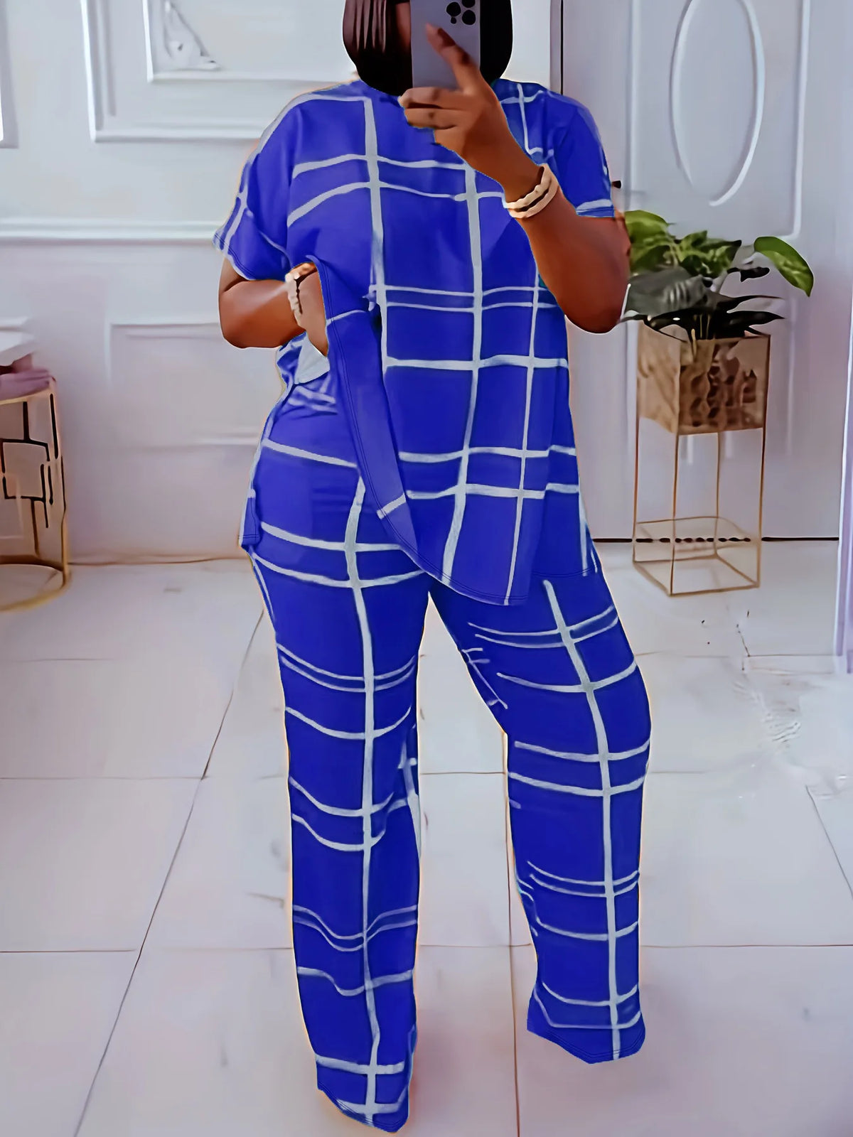 Spring Autumn New Women's Fashion Elements Striped Grid Printed Casual Round Neck Large Comfortable Two Piece Set