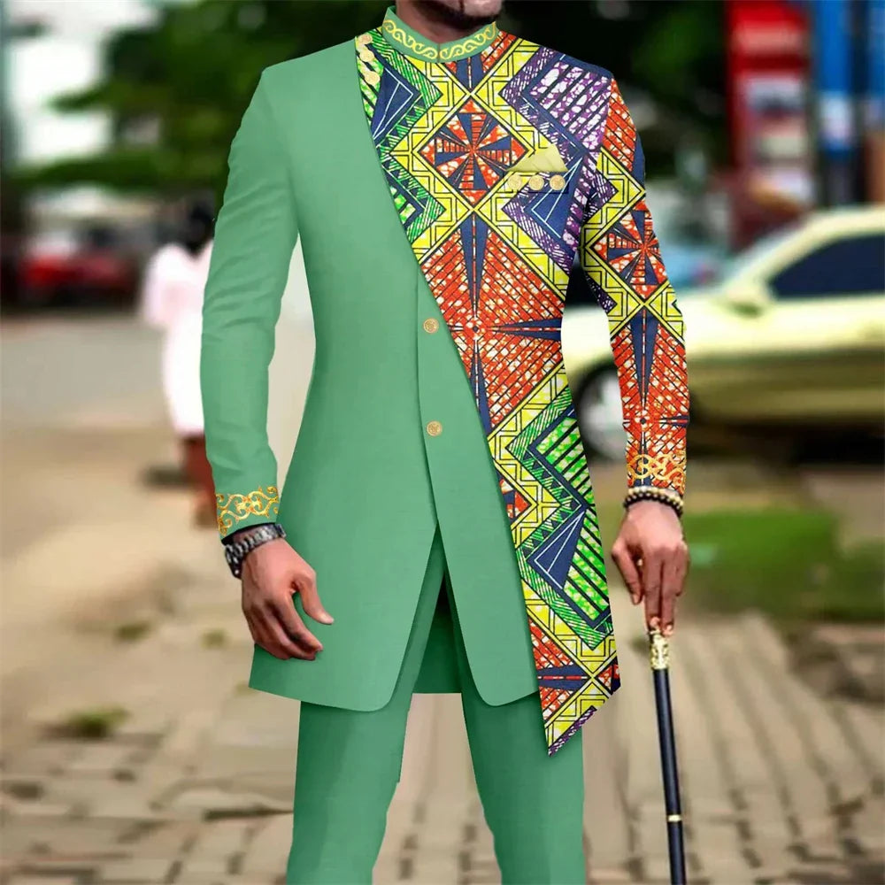 African embroidery print men's suit from Showlu Fashion, 2-piece wedding set with traditional design and elegant tailoring.
