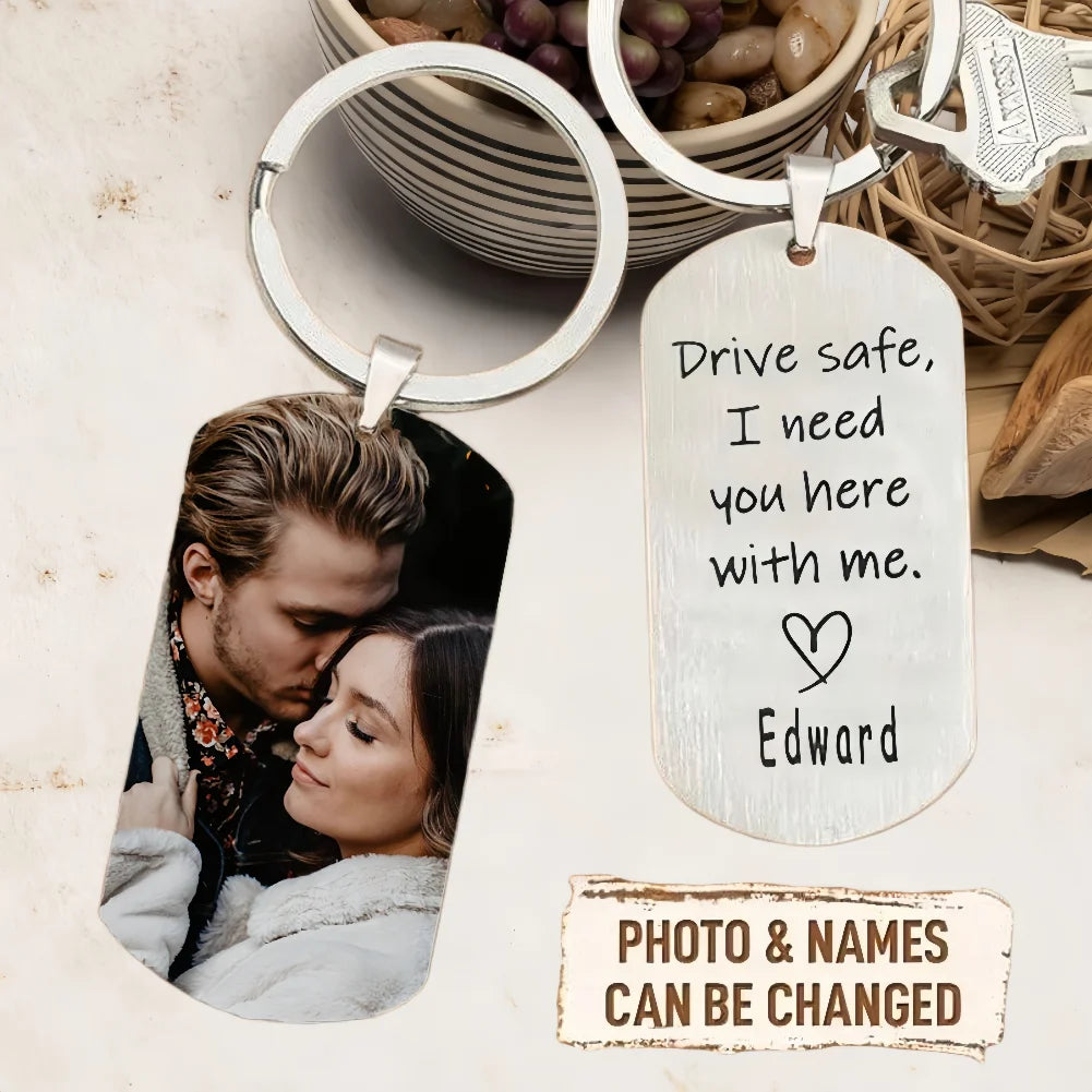 Personalized couple keychain with custom photo, featuring a photo gift design from Showlu Smart on a silver keyring.