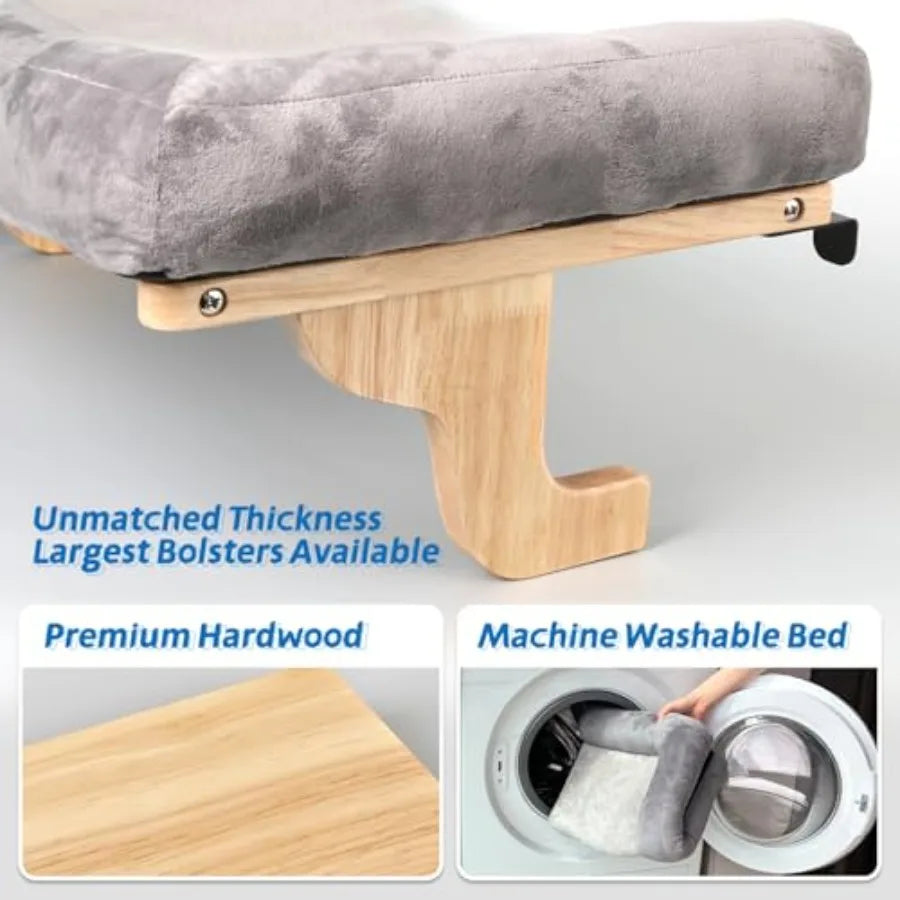 Showlu Cat Window Perch with orthopedic hardwood hammock and bolster, providing a cozy resting spot for cats by the window.