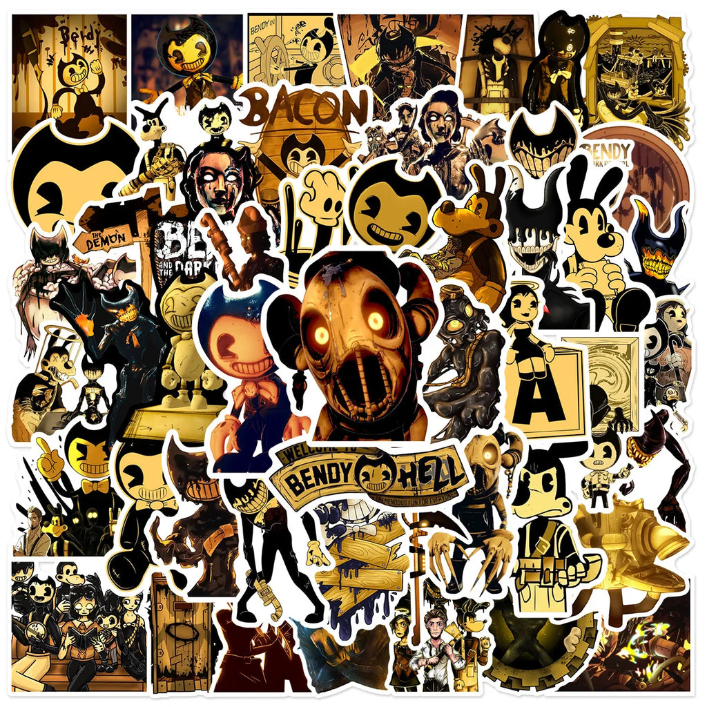 Set of 50 waterproof vinyl stickers featuring Bendy and The Dark Revival horror game characters on a colorful background.