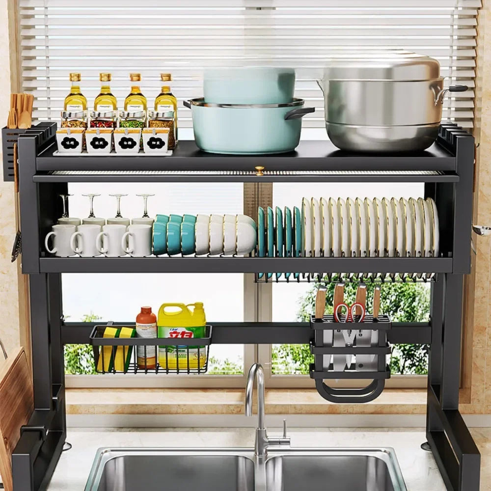 Showlu stainless steel over sink dish drying rack with scalable design, perfect for organizing dishes and utensils efficiently.