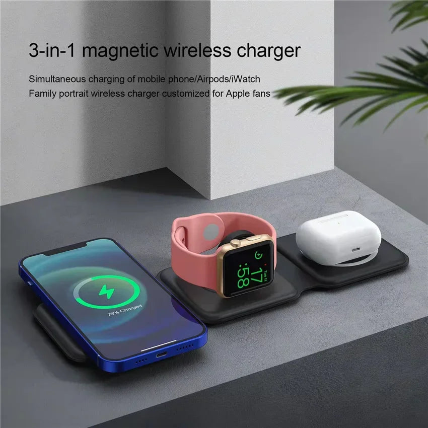 Showlu Smart General 3-in-1 wireless charging station with space for phone, smartwatch, and earbuds on a sleek charging pad.