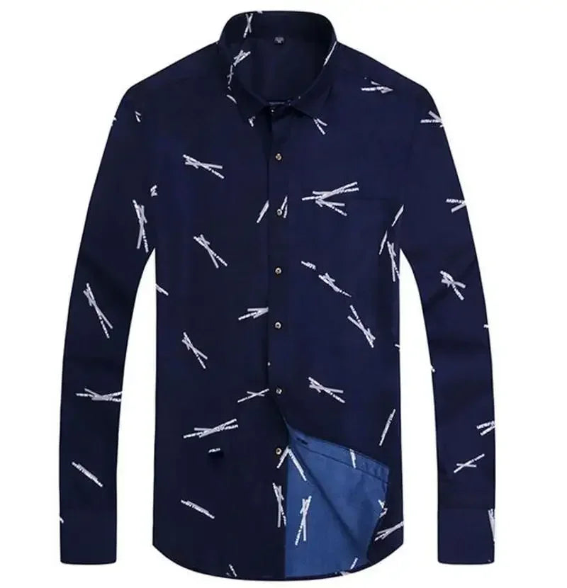 Men’s slim fit plaid casual dress shirt with long sleeves, floral pattern, suitable for formal and business occasions.