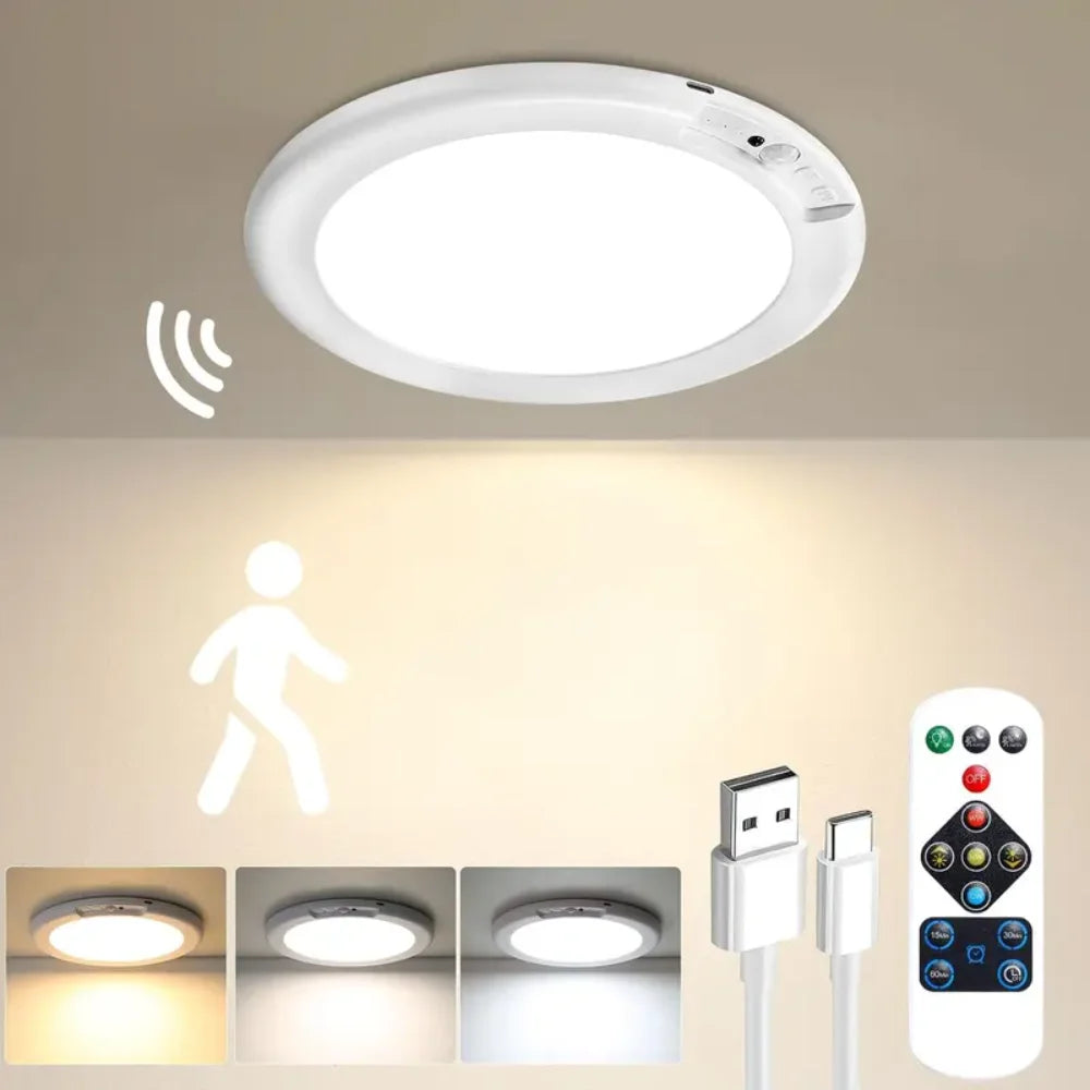 Wireless rechargeable Miflame Motion Sensor Ceiling Light with remote control, showing the sleek design and sensor features.