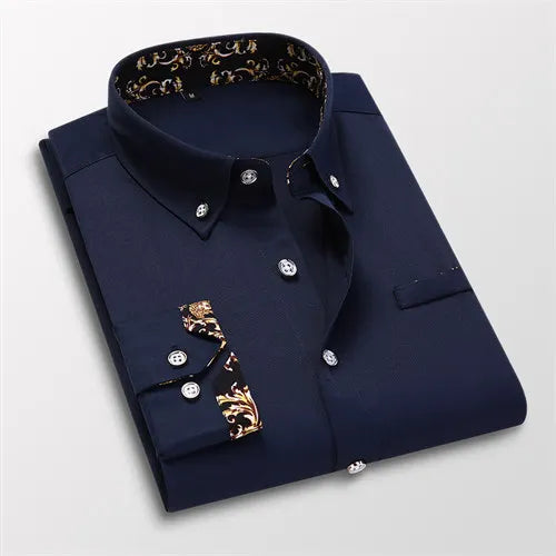 White men's casual long sleeve cotton dress shirt with a soft, stylish fit, suitable for business or social occasions.