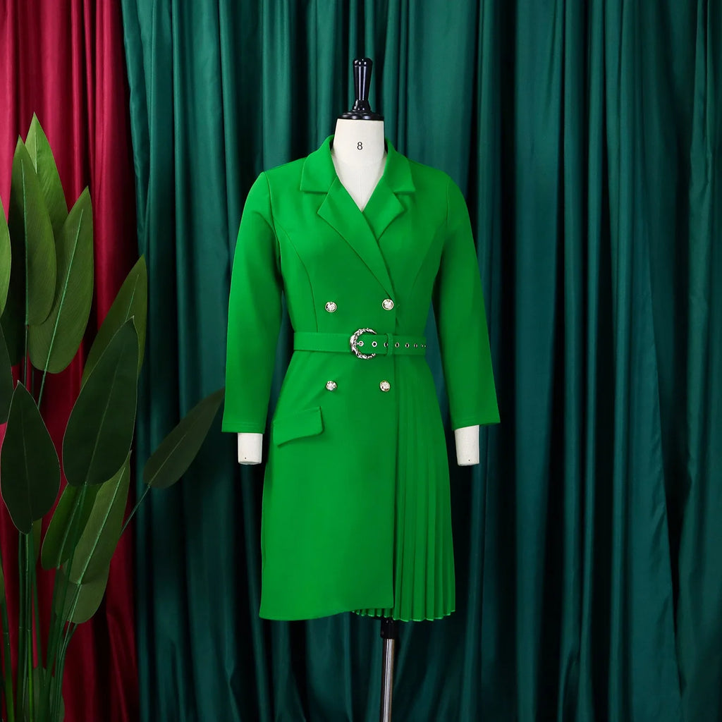 Elegant women's 2024 autumn winter dress with notched collar, full sleeves, sashes, and pleated mid-calf length from Showlu Fashion.