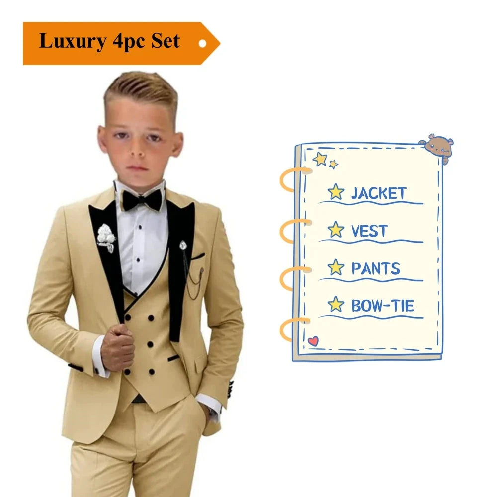 DMDR Boys' 4-piece formal suit set by SHOWLU FASHION STORE, including tuxedo jacket, shirt, pants, and bow tie for kids' weddings and parties.