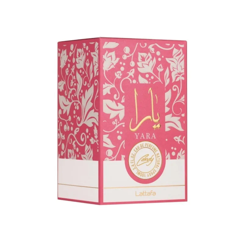Lattafa Yara Candy EDP 100ml floral fruity vanilla perfume for women, shown in elegant bottle with colorful floral accents.