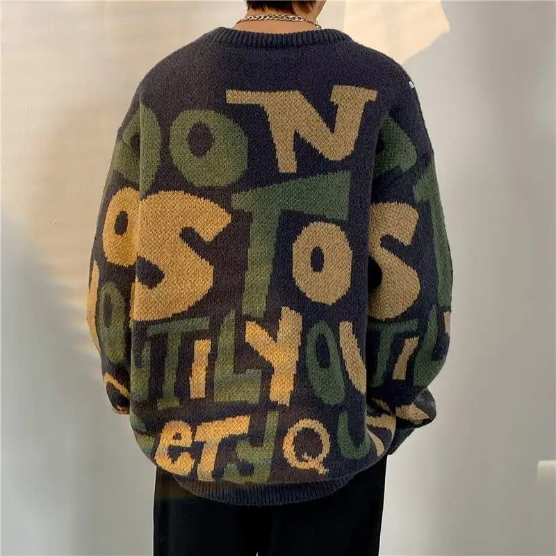 Trendy men's knitted vintage letter streetwear sweater with round neck, long sleeves, in autumn winter fashion style.