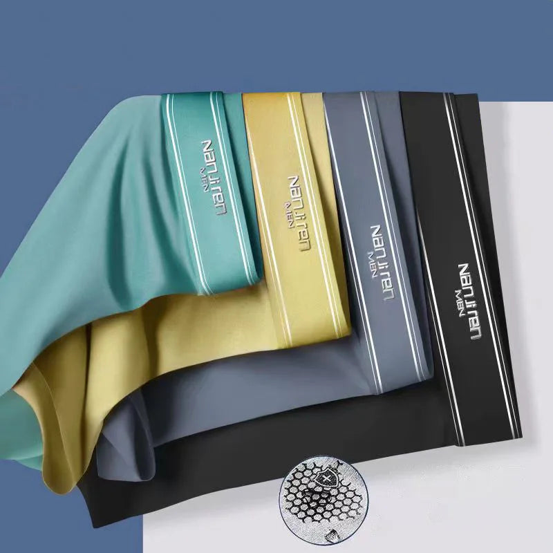 Four men's ice silk boxer shorts in breathable, thin fabric with U convex design, available in L-6XL, showing comfortable fit.
