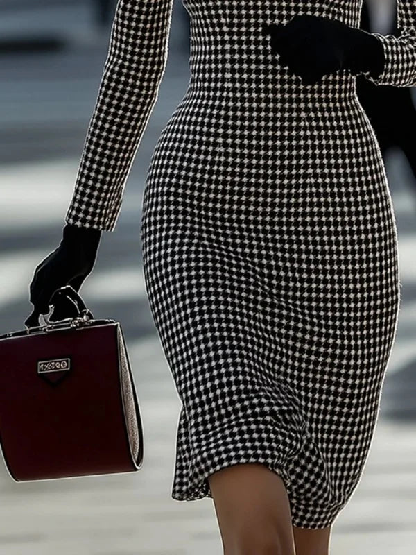 Women's vintage houndstooth midi dress by Showlu Fashion, featuring elegant A-line plaid design, perfect for stylish occasions.