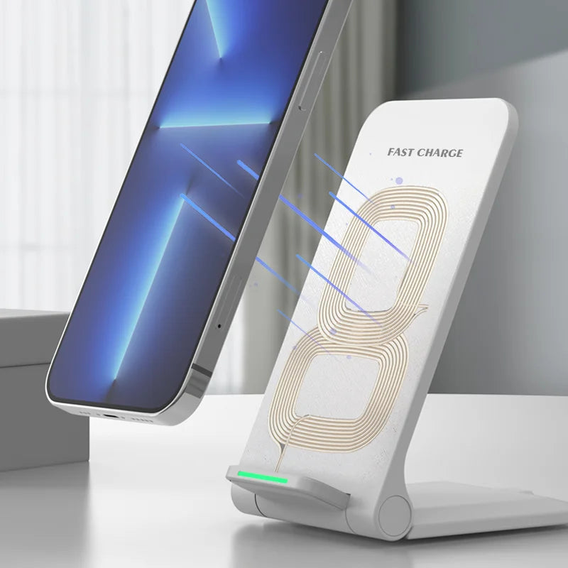 Showlu Smart General 30W fast wireless charging stand with phone and charging indicator lights visible on the stand.