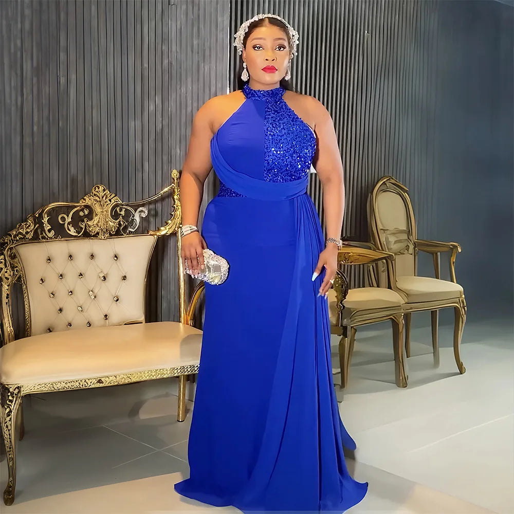 Elegant African Muslim maxi dress for women, featuring sequin embellishments, plus size fashion, perfect for weddings and evening events