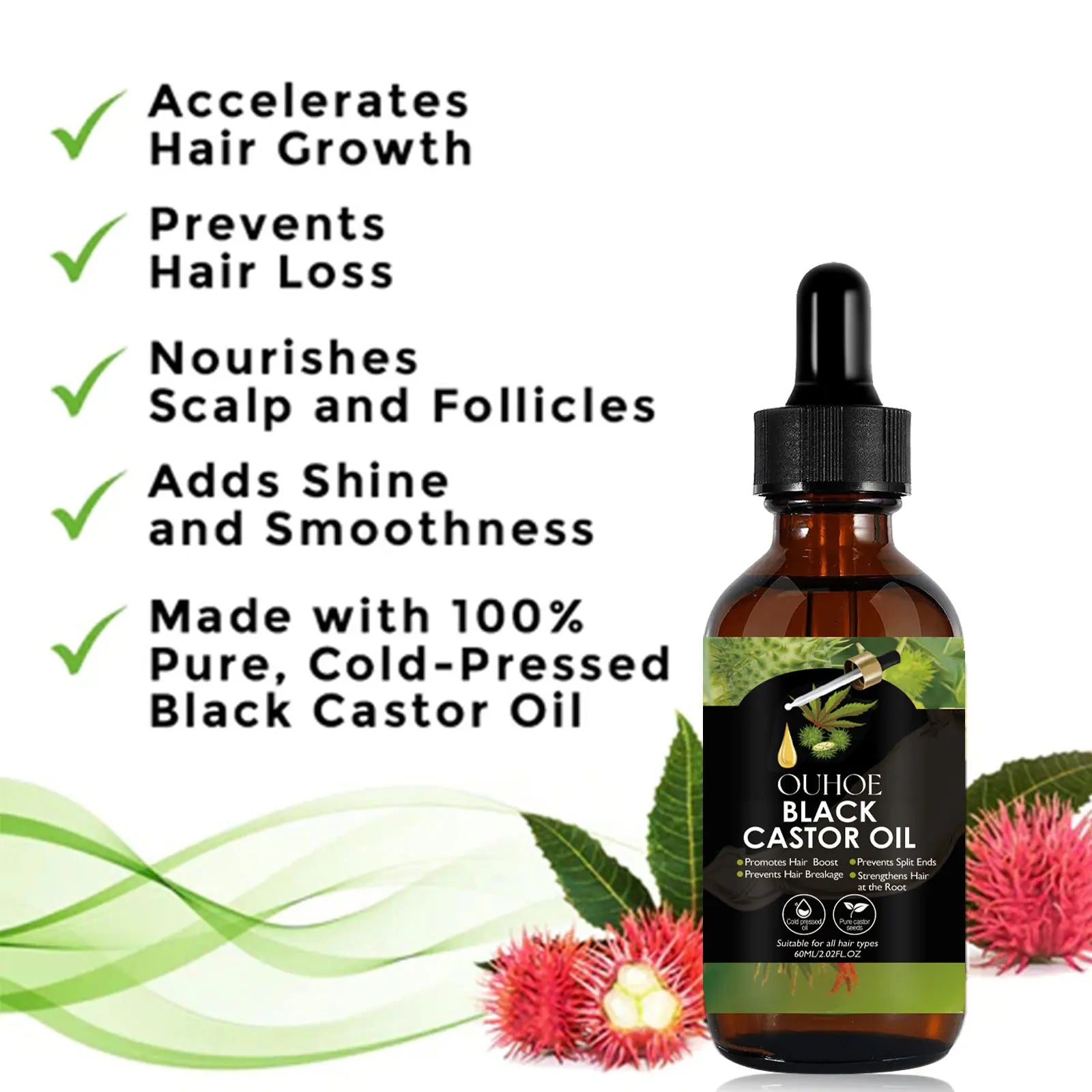 Black castor oil serum by Showlu Fashion Store in a bottle, 100% organic hair growth treatment for hair loss and scalp nourishment