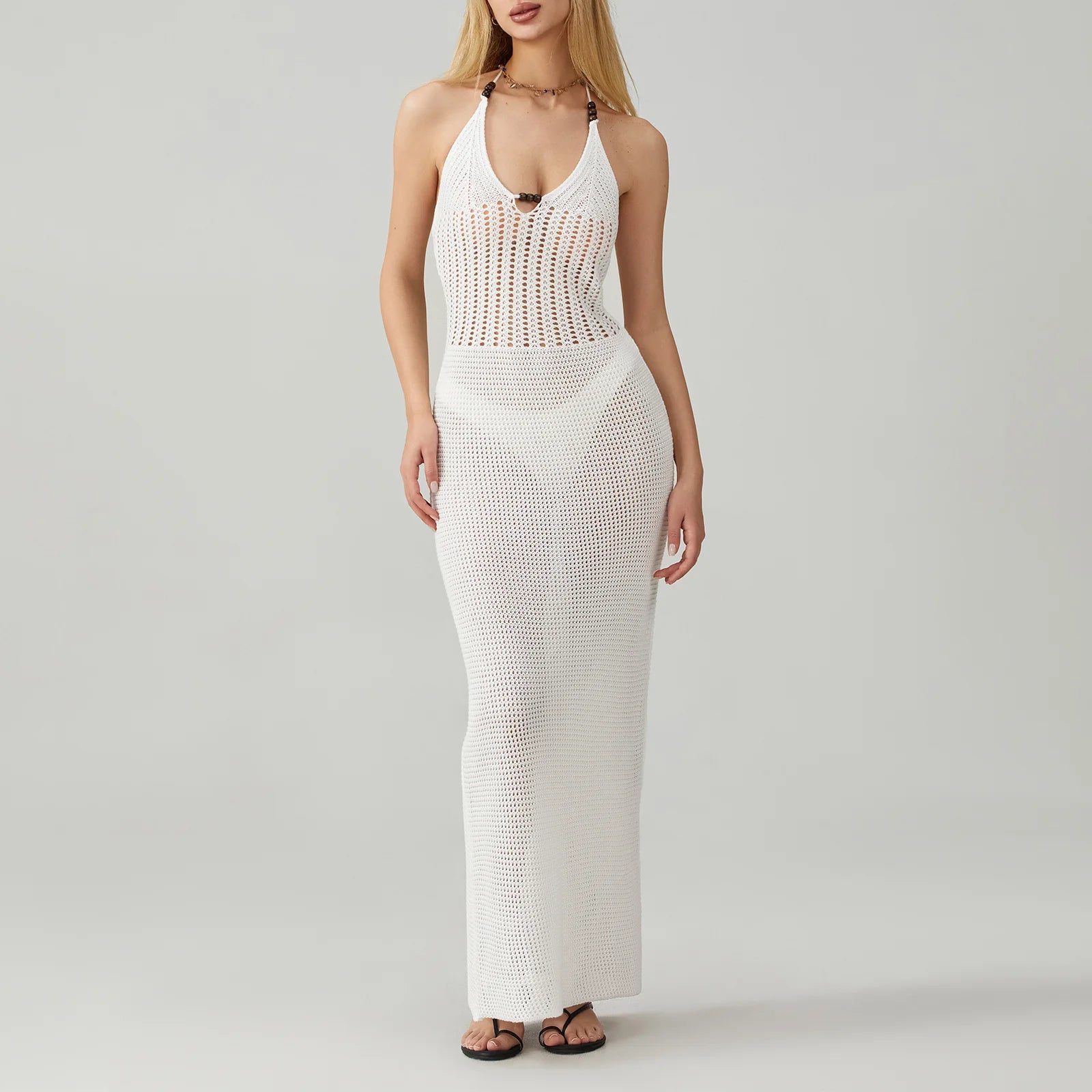 Showlu Fashion Women's backless halter mini dress with knit crochet details, perfect for summer, beach, and casual parties.