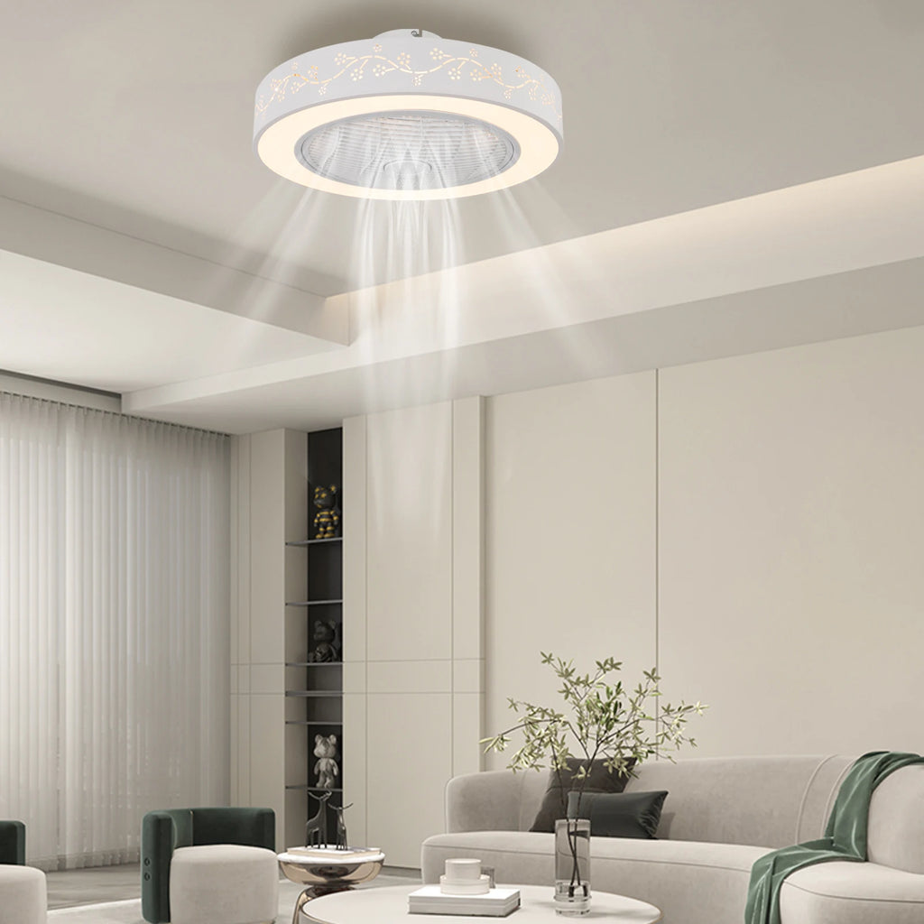 Showlu 55cm flush mount smart ceiling fan with dimmable LED light, modern design, silver finish, and remote control.