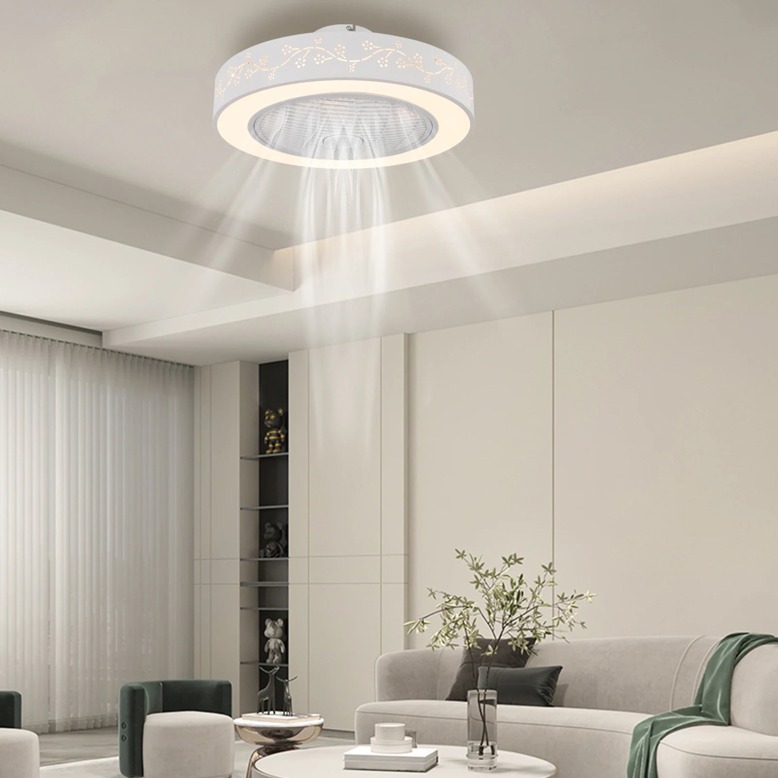 Showlu 55cm flush mount smart ceiling fan with dimmable LED light, modern design, silver finish, and remote control.