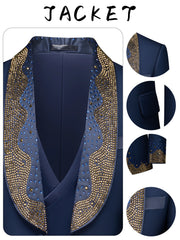 A navy blue slim-fit tuxedo jacket featuring a shawl lapel embellished with gold and blue beads.