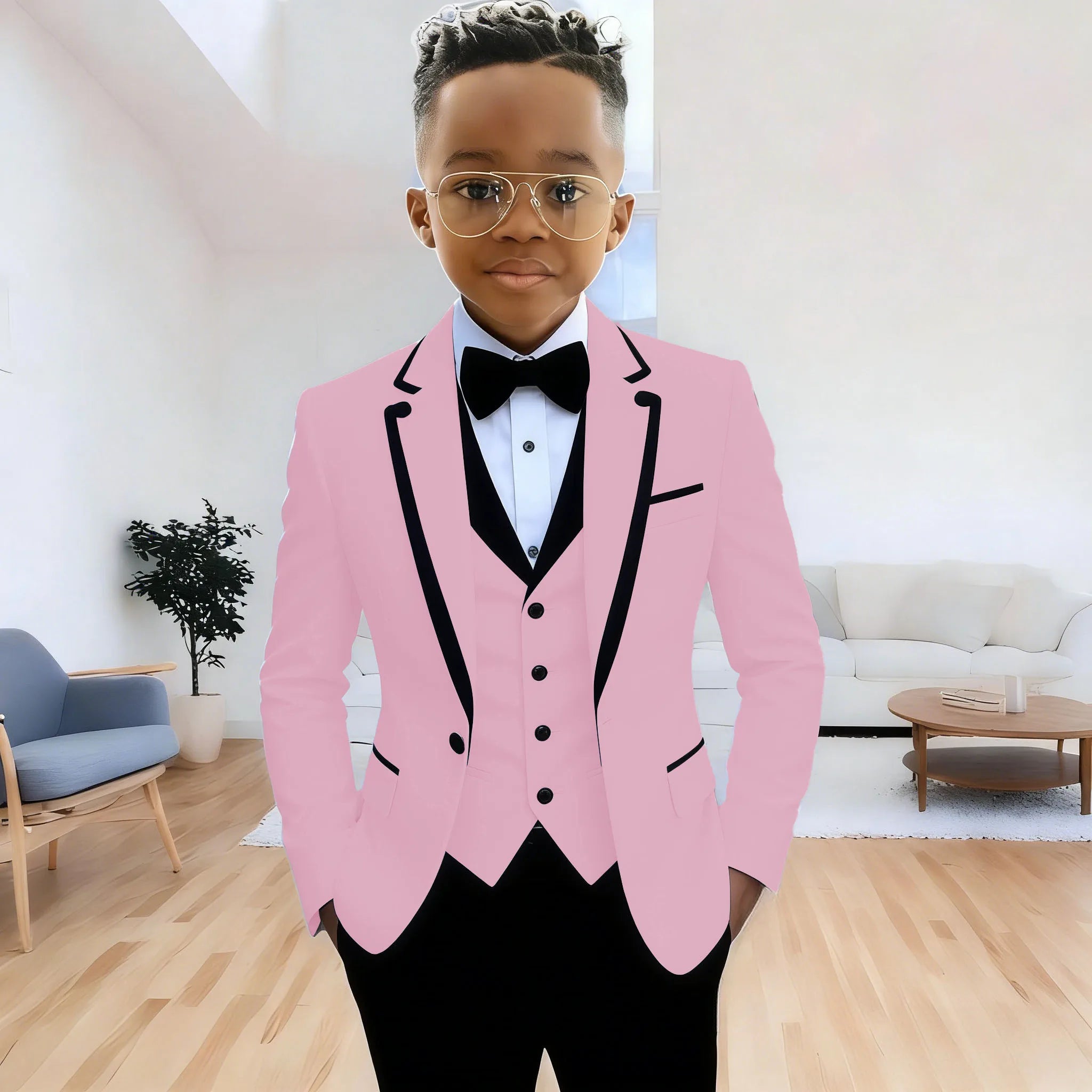 Formal boys' suit set with navy jacket, matching pants, and vest, featuring notched lapel for wedding or party occasions.