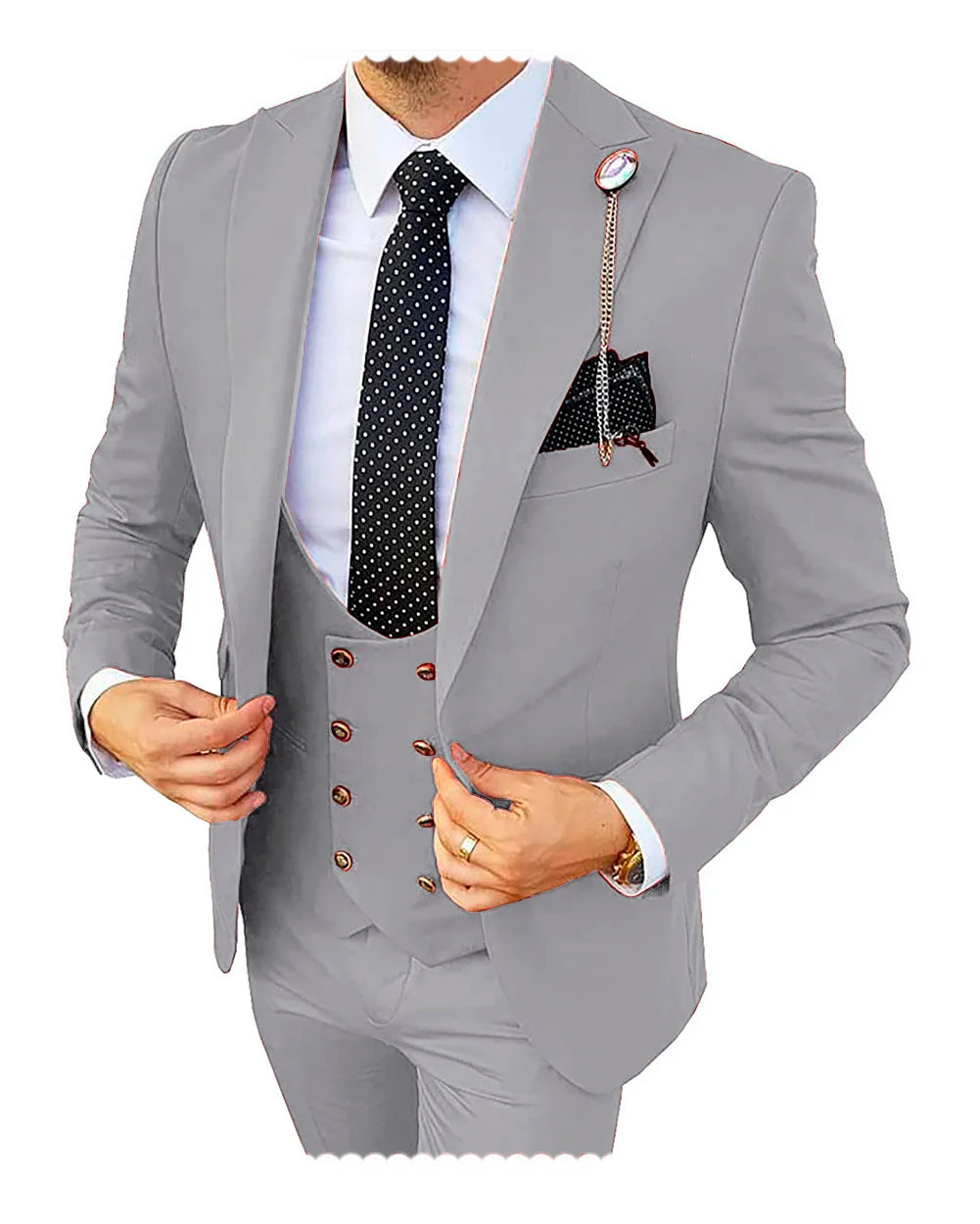 Formal men's 3-piece wedding suit by Showlu Fashion, featuring a champagne blazer, vest, and pants for groom or business occasions.