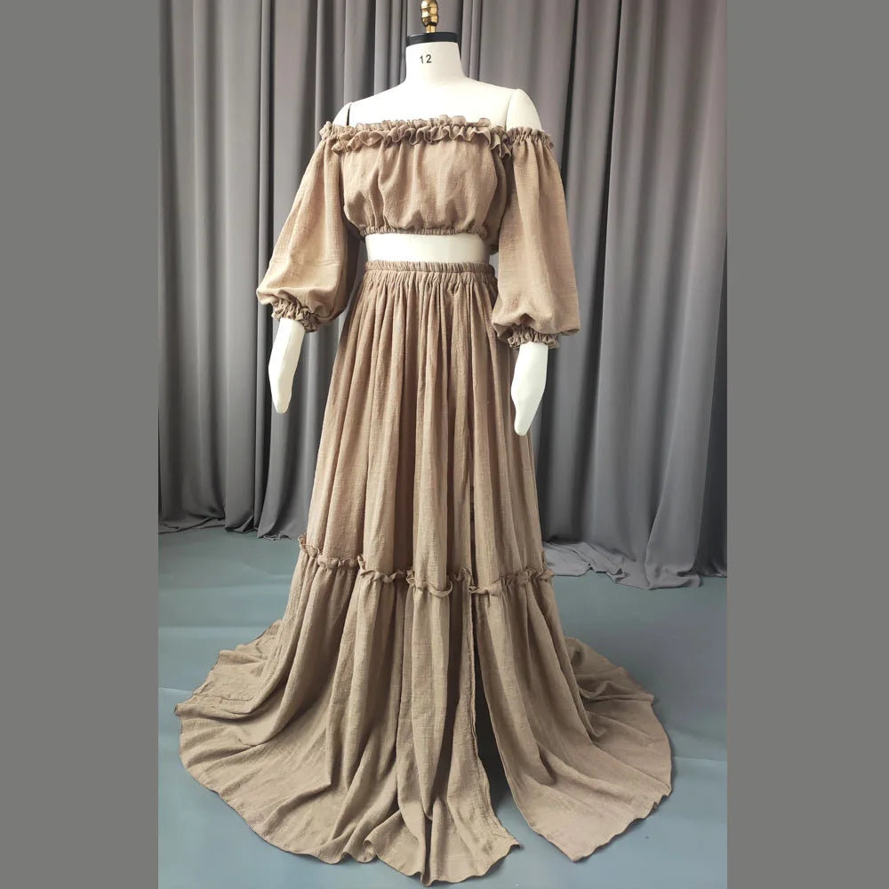 Showlu Bohemian 2-piece maternity photography gown set with linen cotton fabric, featuring flowing, comfortable maternity dresses.