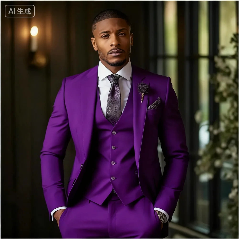 Men's emerald green 3-piece slim fit formal tuxedo suit by Showlu Fashion Store, featuring tailored jacket, vest, and trousers.