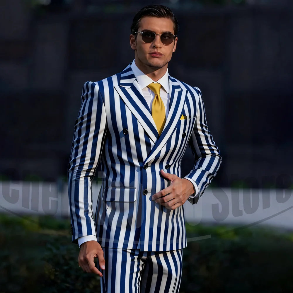 Stylish two-tone striped men's suit by Showlu Fashion, featuring double-breasted design, tailored fit, suitable for business or wedding.