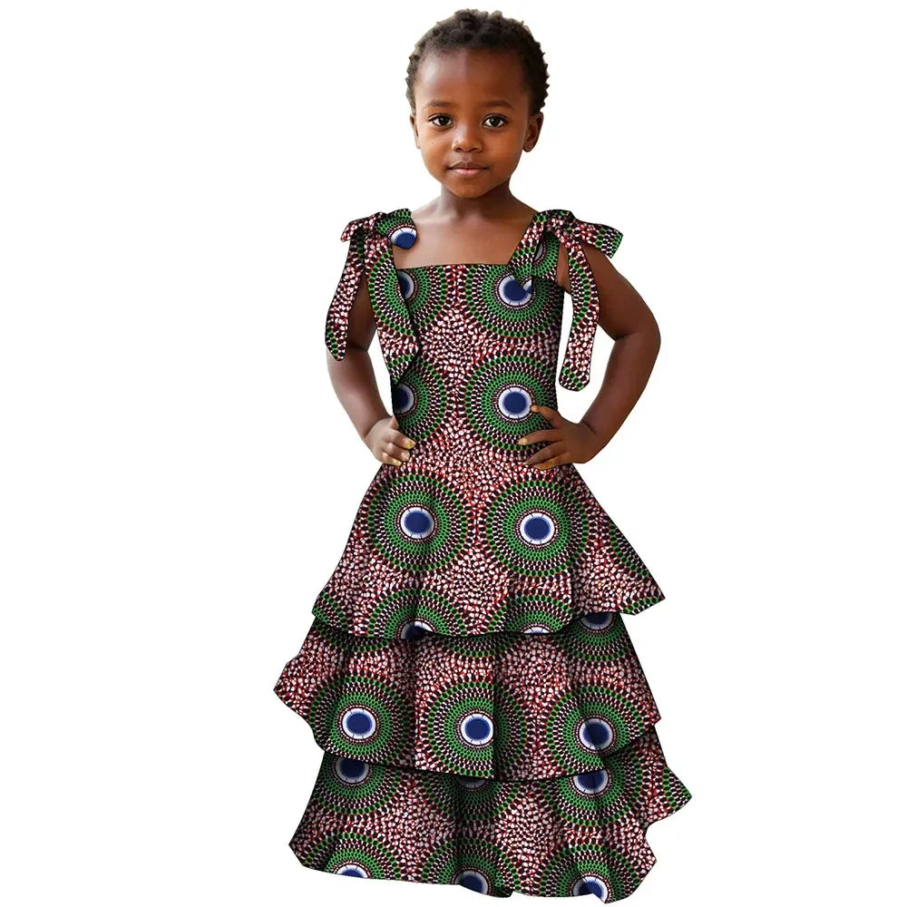 Colorful ORIENTARC girls African print cotton party dress in Bazin Riche style, featuring vibrant patterns and traditional design.