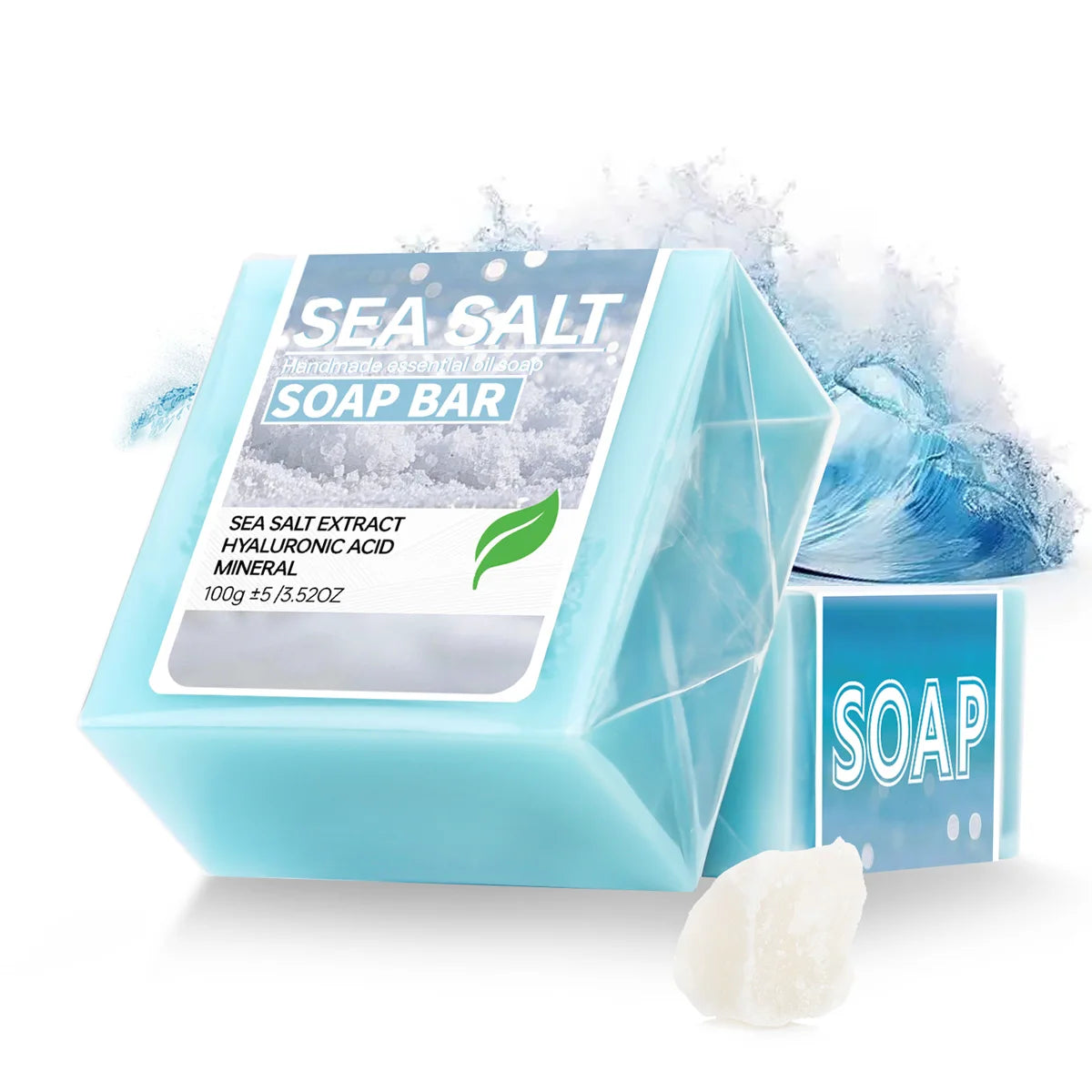 Handmade sea salt and hyaluronic acid essential oil soap for deep cleansing and moisturizing skin care.