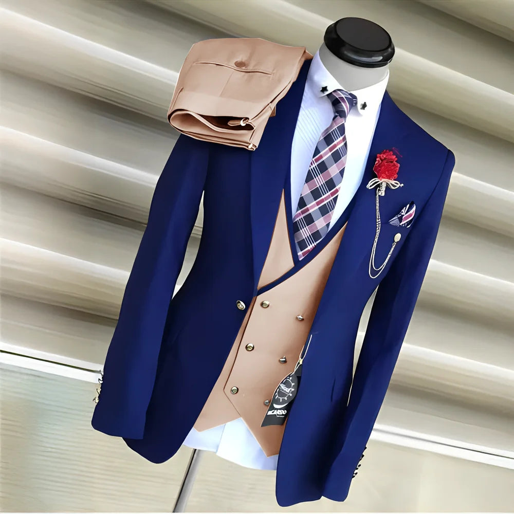 Royal blue men's 3-piece suit with yellow tuxedo jacket, pants, and vest, perfect for wedding or formal occasions.