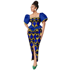 Africa Ankara Printed Women's Dress Short Sleeve Patchwork Square Neck Bubble Sleeve Split Dresses 2425186