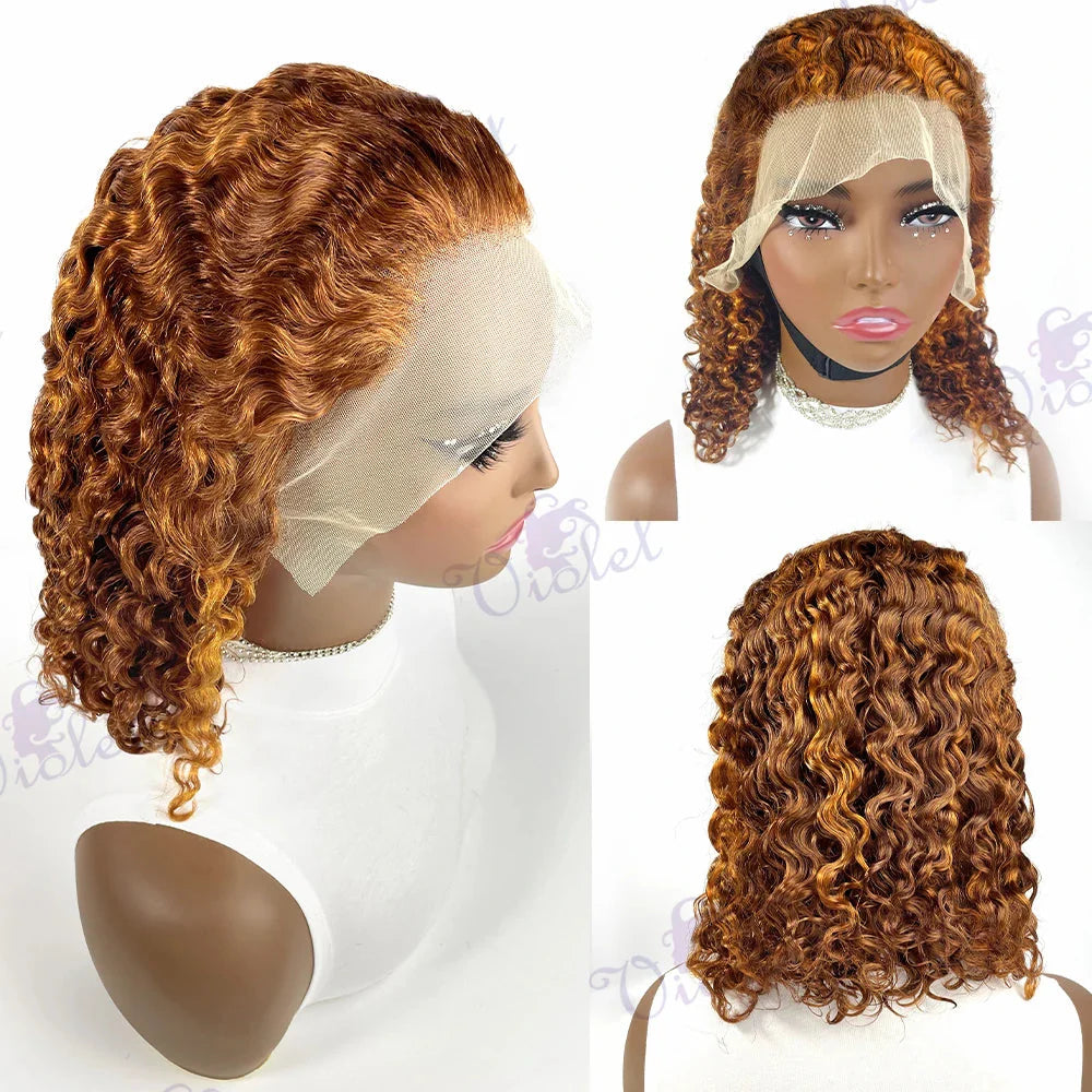 Mayfive orange ginger deep wave lace frontal human hair bob wig with natural curls, styled for a trendy look.