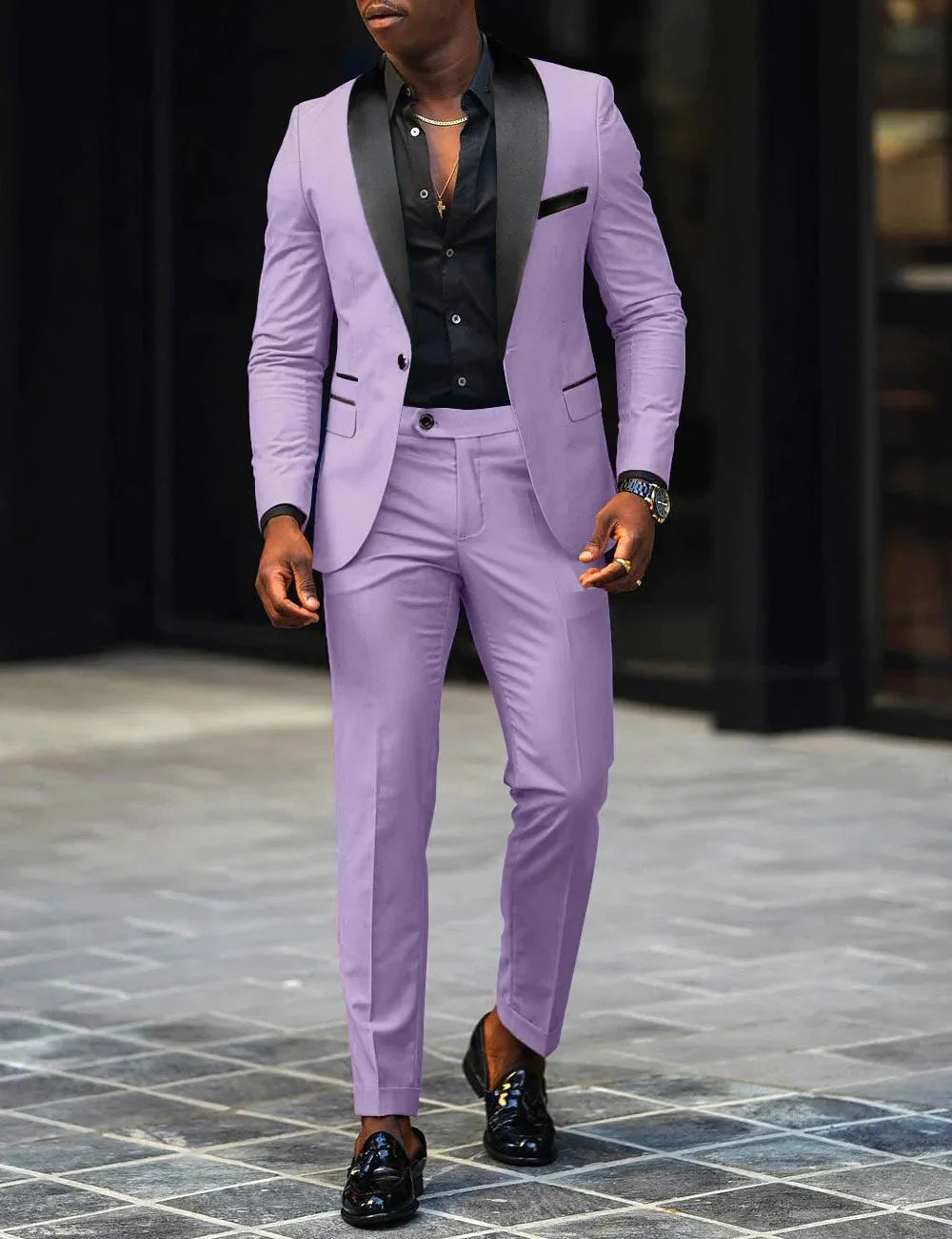 Naupang men's slim fit 2-piece business suit with single button jacket and side slits, shown in dark fabric.