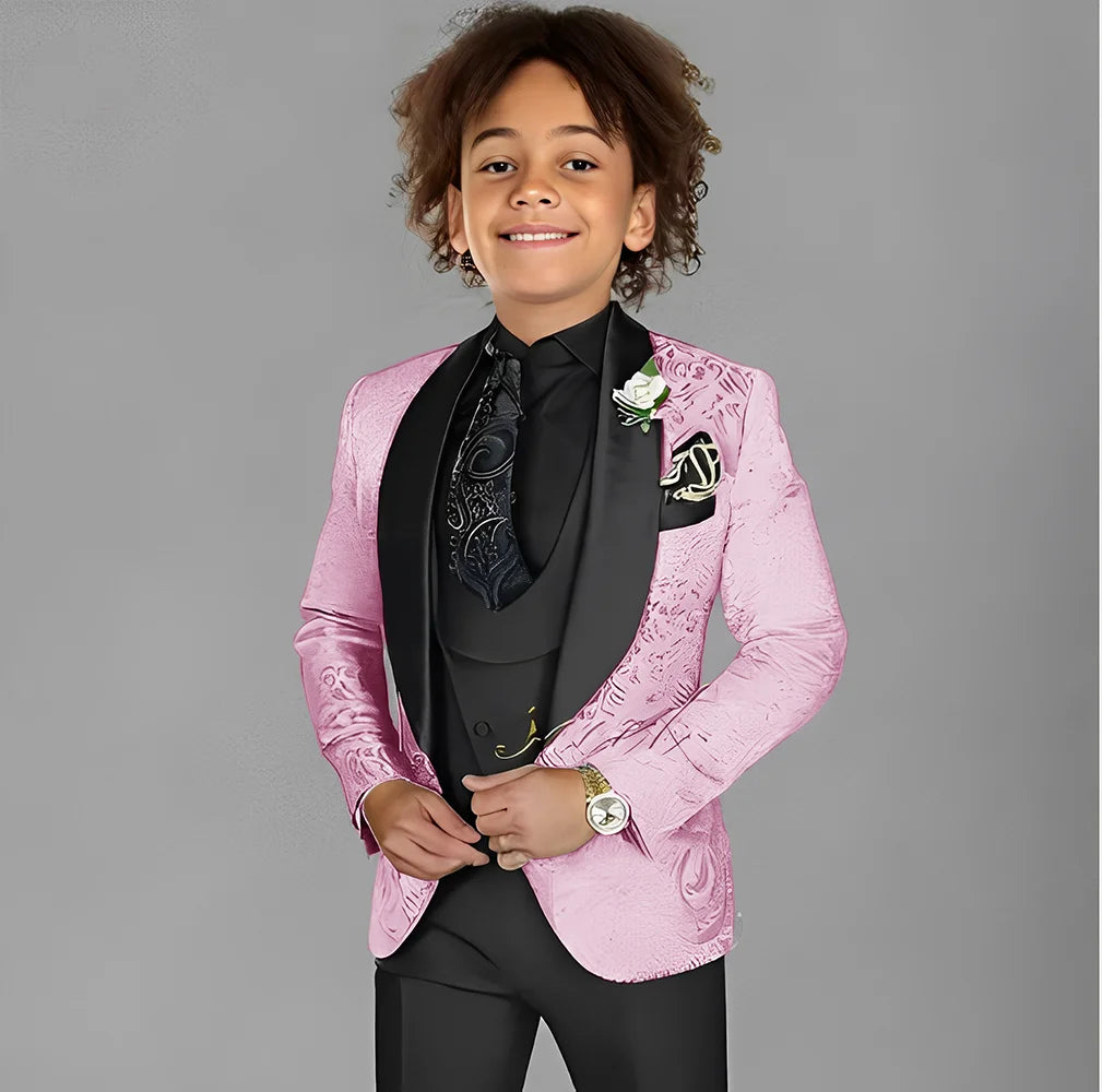 Jacquard boys' 3-piece suit by Showlu Fashion with tuxedo jacket, pants, and vest for kids' formal events and weddings.
