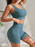 Showlu Store Nation seamless yoga set with matching crop top, shorts, and sports bra, ideal for gym and workout sessions.