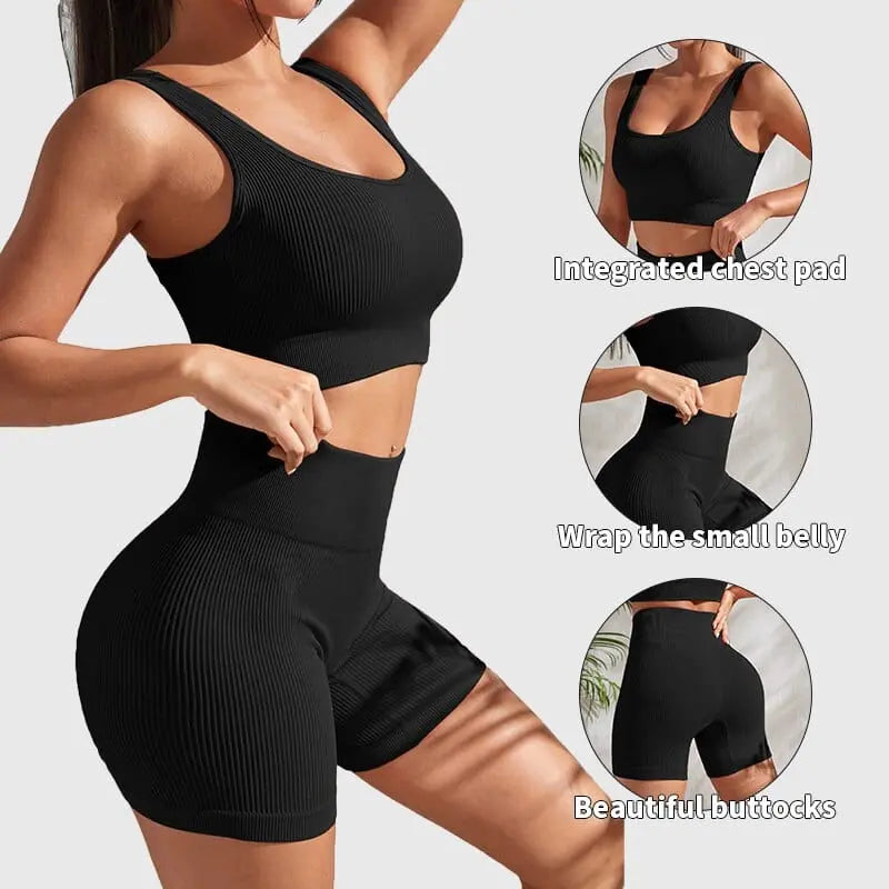 Showlu Store Nation seamless yoga set with crop top, shorts, and sports bra for women, ideal for gym and workout sessions.
