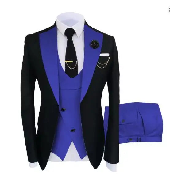 Men's luxury 3-piece tuxedo suit with jacket, trousers, and vest, ideal for parties, groomsmen, and formal events.