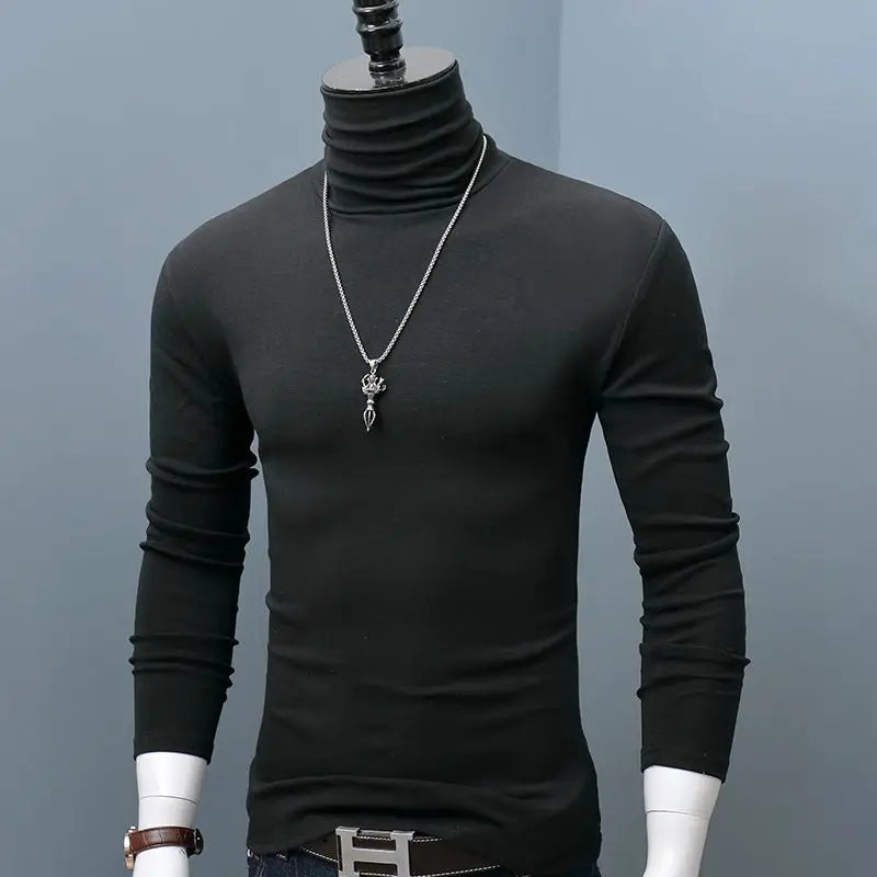 Dark red men's classic turtleneck top with long sleeves, casual stretch fit, suitable for autumn and winter, plus size style by Showlu Fashion