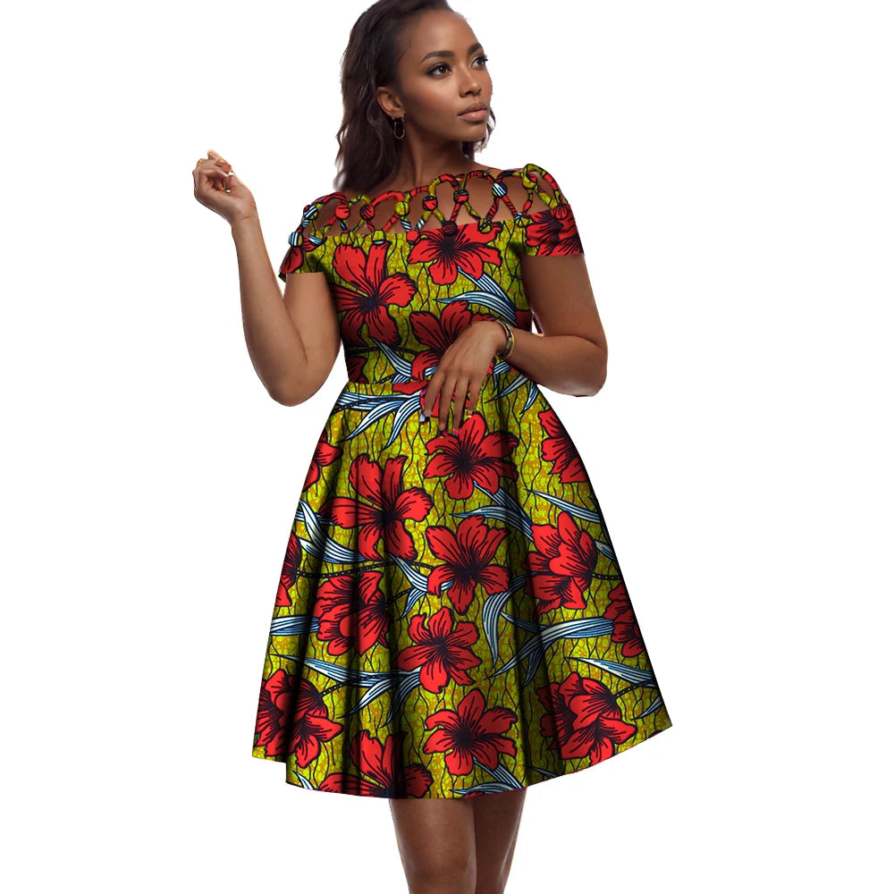 BintaRealWax African Dresses for Women Cotton Rope Weaving Collar African Print Wax Clothing Knee-Length Lady Dress WY335