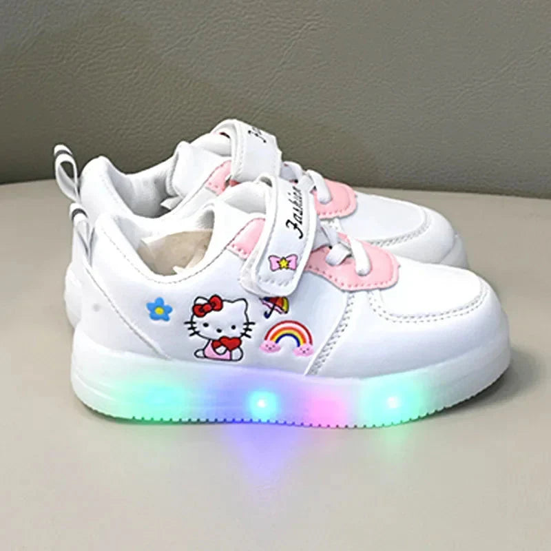 Lighted Miniso Hello Kitty kids' canvas sneakers with soft soles and LED lights, featuring adorable Hello Kitty designs for children.