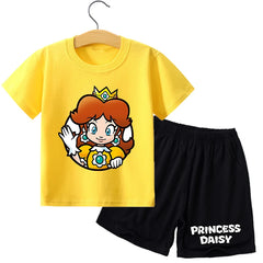 Super Marios Bros Kids Cotton T-shirt Casual Shorts Set Children Short Sleeve Top Anime Print Pants Summer Cartoon Cute Clothing