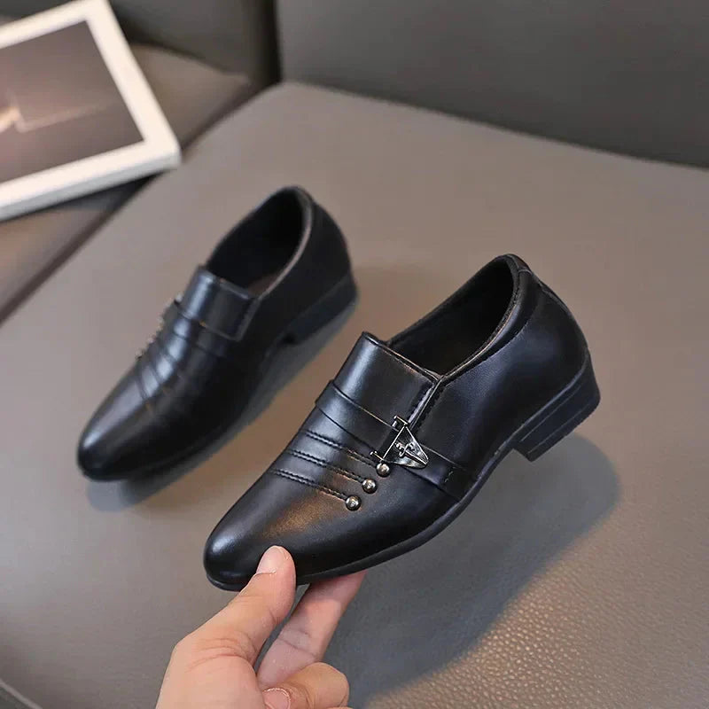 Showlu boys leather loafers, formal wedding and school party shoes, with classic design and polished finish.
