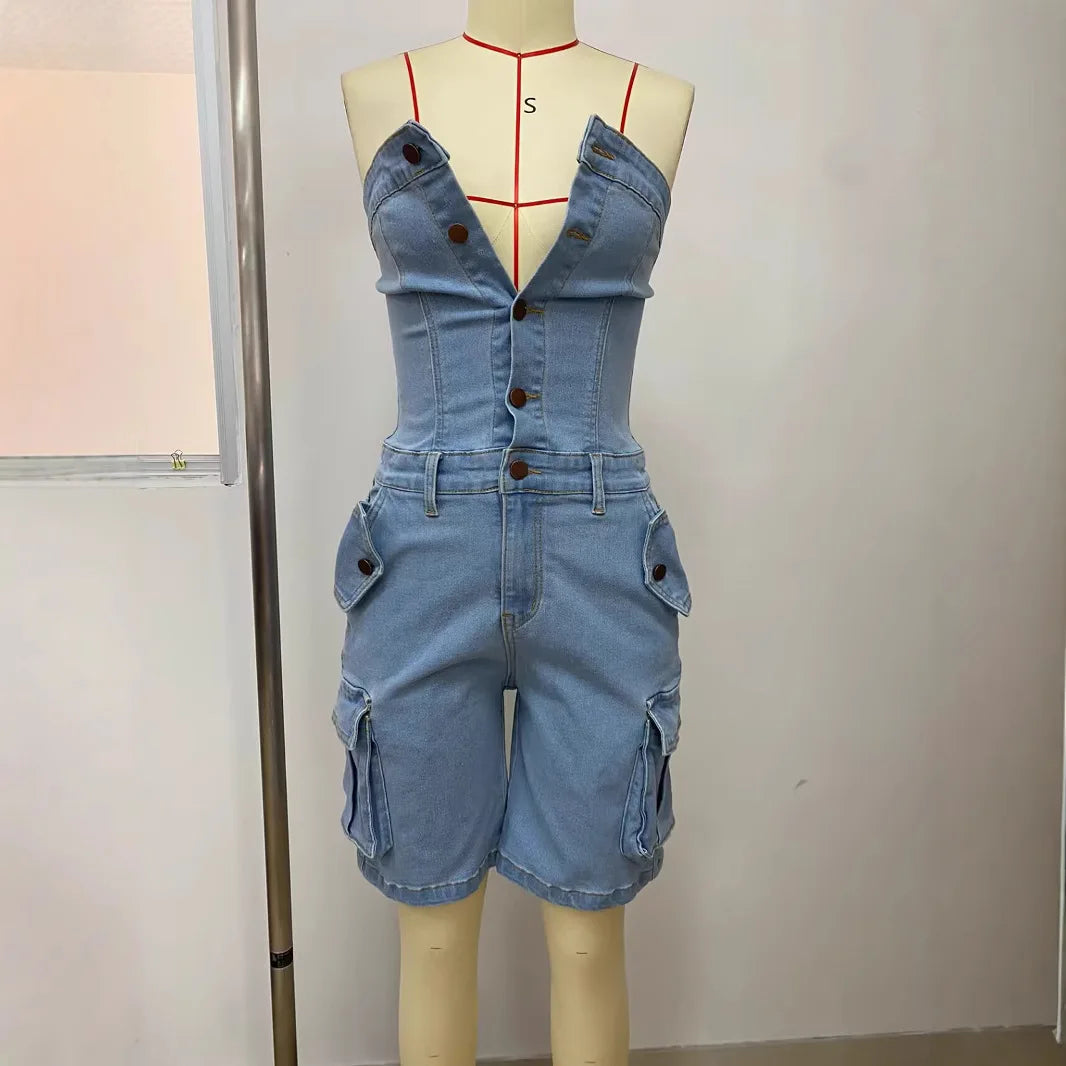 Kalenmos women's strapless denim jumpsuit with high waist, Y2K style, featuring a fitted, fashionable playsuit design.